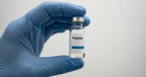 Gloved hand holding a vial labeled _Peptide_ against a neutral background in Derby, KS