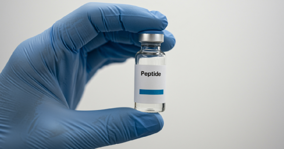 Gloved hand holding a vial labeled _Peptide_ against a neutral background in Derby, KS