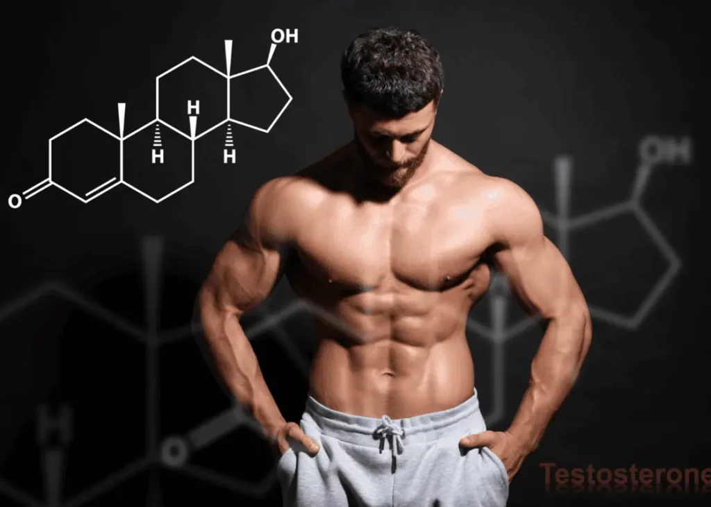 A muscular man looks down while posing shirtless in front of a testosterone molecule graphic for Enhanced Wellness in Derby Kansas. The dark background highlights his defined physique and the hormone diagram.