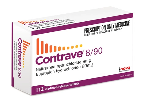 Box of Contrave 8/90 tablets shown for Enhanced Wellness in Derby, Kansas. The white and purple packaging lists naltrexone 8 mg and bupropion 90 mg with prescription-only labeling.