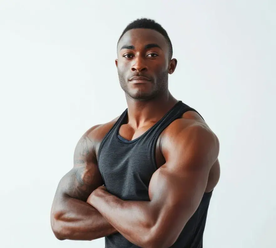 A fit man in a black tank top stands with arms crossed to represent strength and wellness for Enhanced Wellness in Derby Kansas. The neutral background keeps focus on his muscular physique.